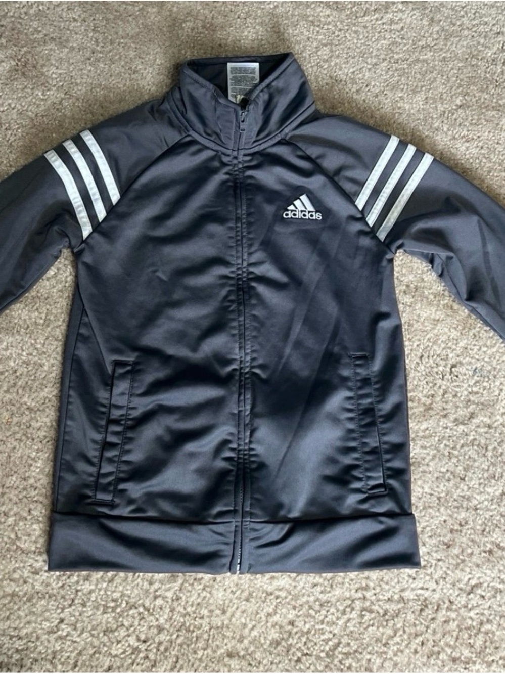 adidas Kids Navy Blue Zip-Up Jacket with White Sleeve Stripes